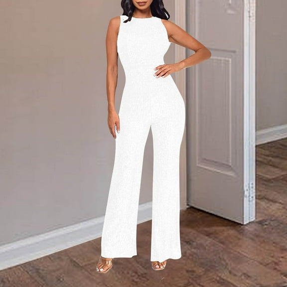 Fashion Jumpsuit for Women Sequin Sparkly Crewneck High Waist Jumper Slimming Glitter Evening Long Pant Clubwear, White, S
