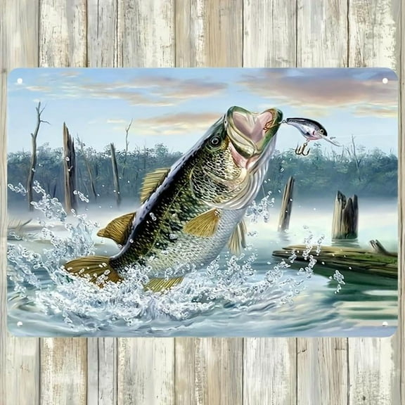 12X8inch Fishing Bass Jumping Scene 8x12 Inch Aluminum Sign Outdoor Fishing Theme Wall Decor for Home, Cabin & Fishing Enthusiasts