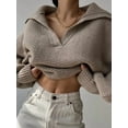 thumbnail image 4 of Women Long Sleeve Sweaters Oversized Stretch Fitted Pullover Sweater Ribbed Solid Color Knit Jumper Tops Khaki L, 4 of 6