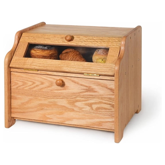 Bread Box, Solid Wood Oak Bread Box for Kitchen Countertop, Double Layer Bread Container for Bread Storage, Large Capacity Breadbox with Clear Window, Nature