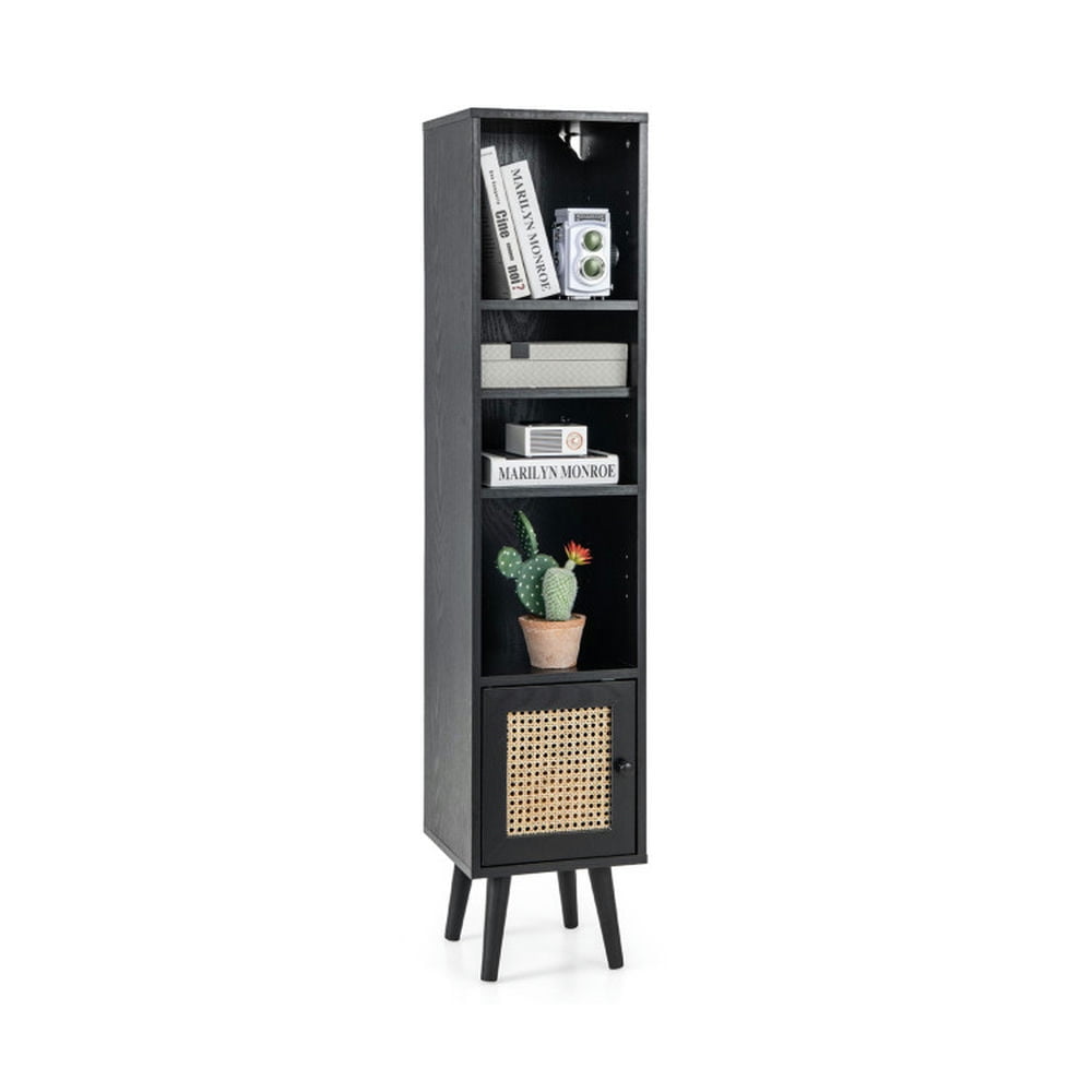 Finihen Storage Cabinet, 4 Tiers Rattan Storage Cabinet with Slim Design, for Living Room, Bedroom, Entryway, Black