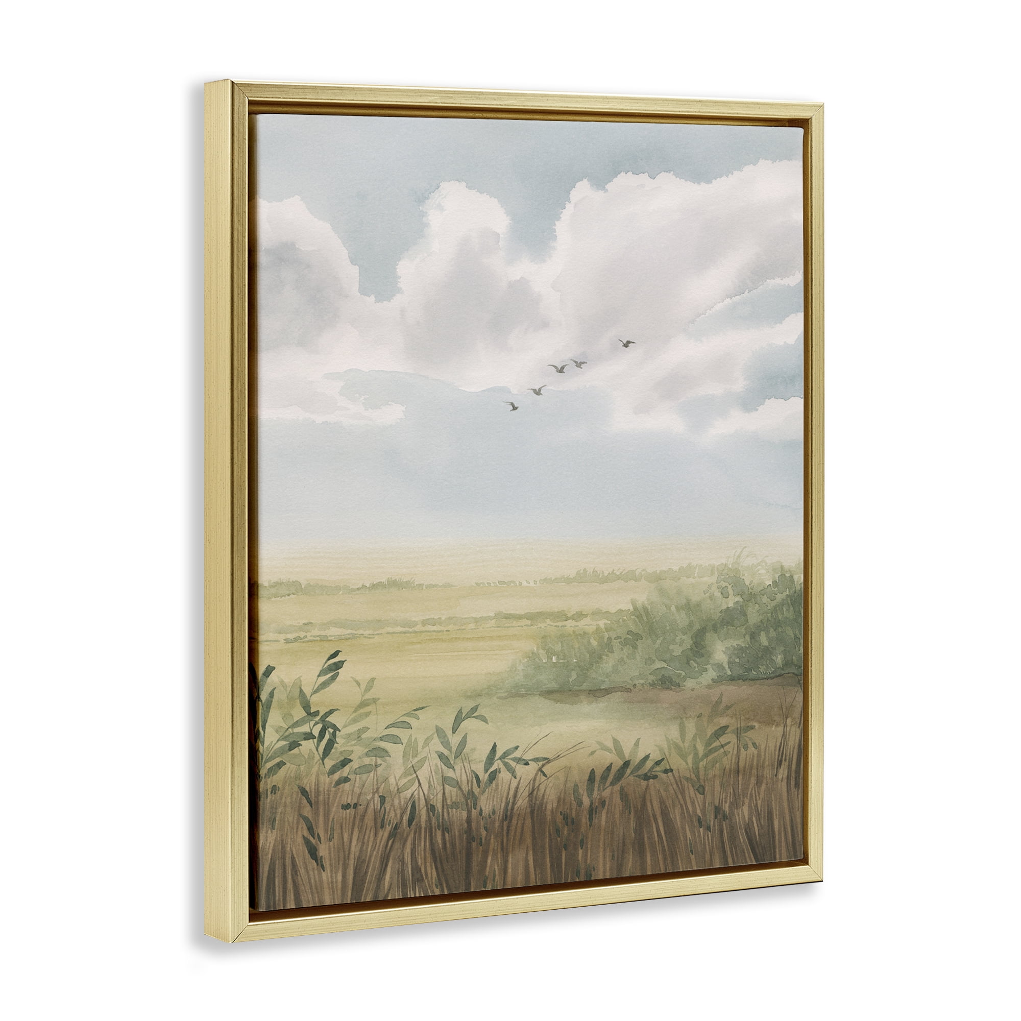 Stupell Industries Birds Flying over Countryside Landscape & Nature Painting Gold Floater Framed Canvas Art Print Wall Art, 17 x 21