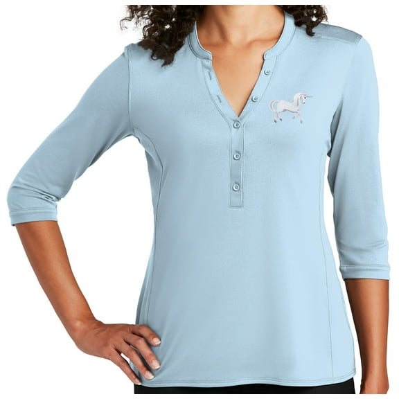 Women's White Unicorn 5-button 3/4 Sleeve Henley Shirt, Large Cloud Blue
