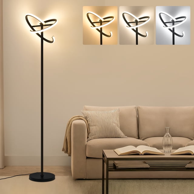 Modern Rotating Floor Lamp With Remote , Dimmable Black LED Color-Changing Ambient Lighting, Suitable For Bedroom And Living Room, Multi-Shape Designs (Heart, Etc.), 48W LED Floor Lamp