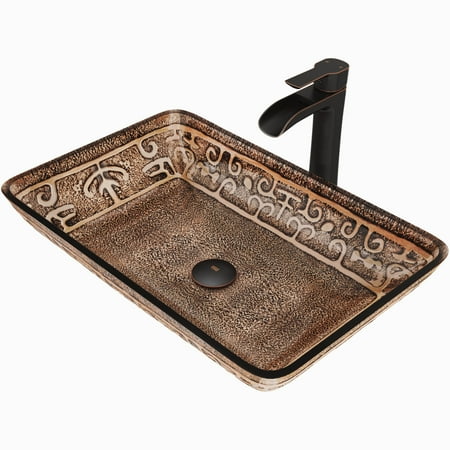 Glass Vessel Sink And Faucet Vigo Rectangular Golden Greek Glass Vessel Bathroom Sink and Niko Faucet Set in Antique Rubbed Bronze Finish ()