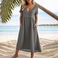 thumbnail image 2 of Kvture Women's Linen Midi Dress V Neck Button Front Short Sleeve Dress Loose Fit Casual Summer Dresses with Pockets Gray, 2 of 9
