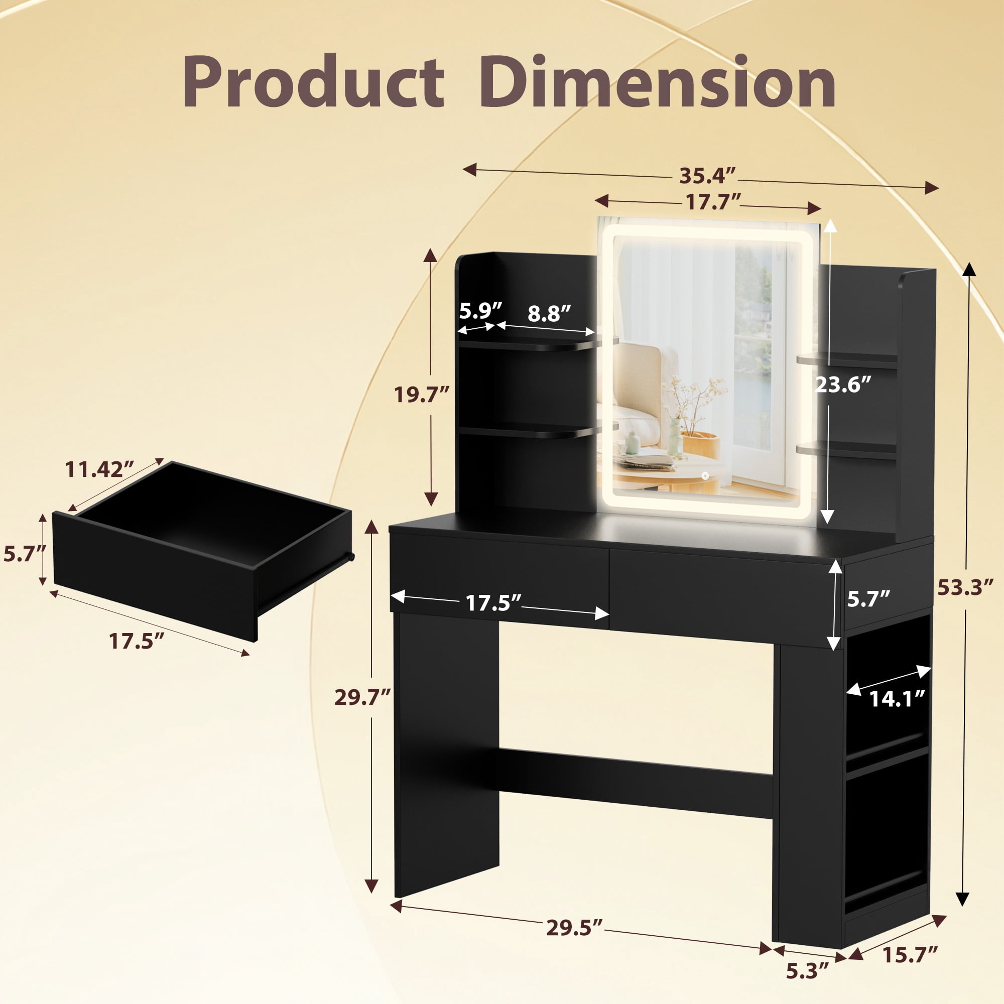 Homall Vanity Desk with 3 Colors LED Lighted Mirror, Makeup Vanity with Storage Shelves and Drawers, Vanity Table Dressing Table for Bedroom, Black