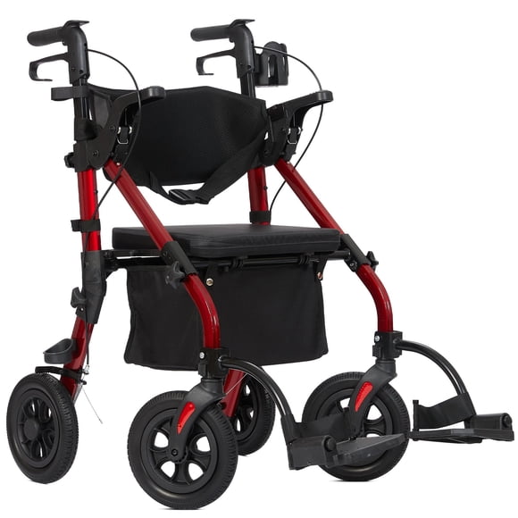 ZENART 2 in 1 Rollator Walker Transport Chair for Seniors with 10'' Wheels Paded Seat, Red