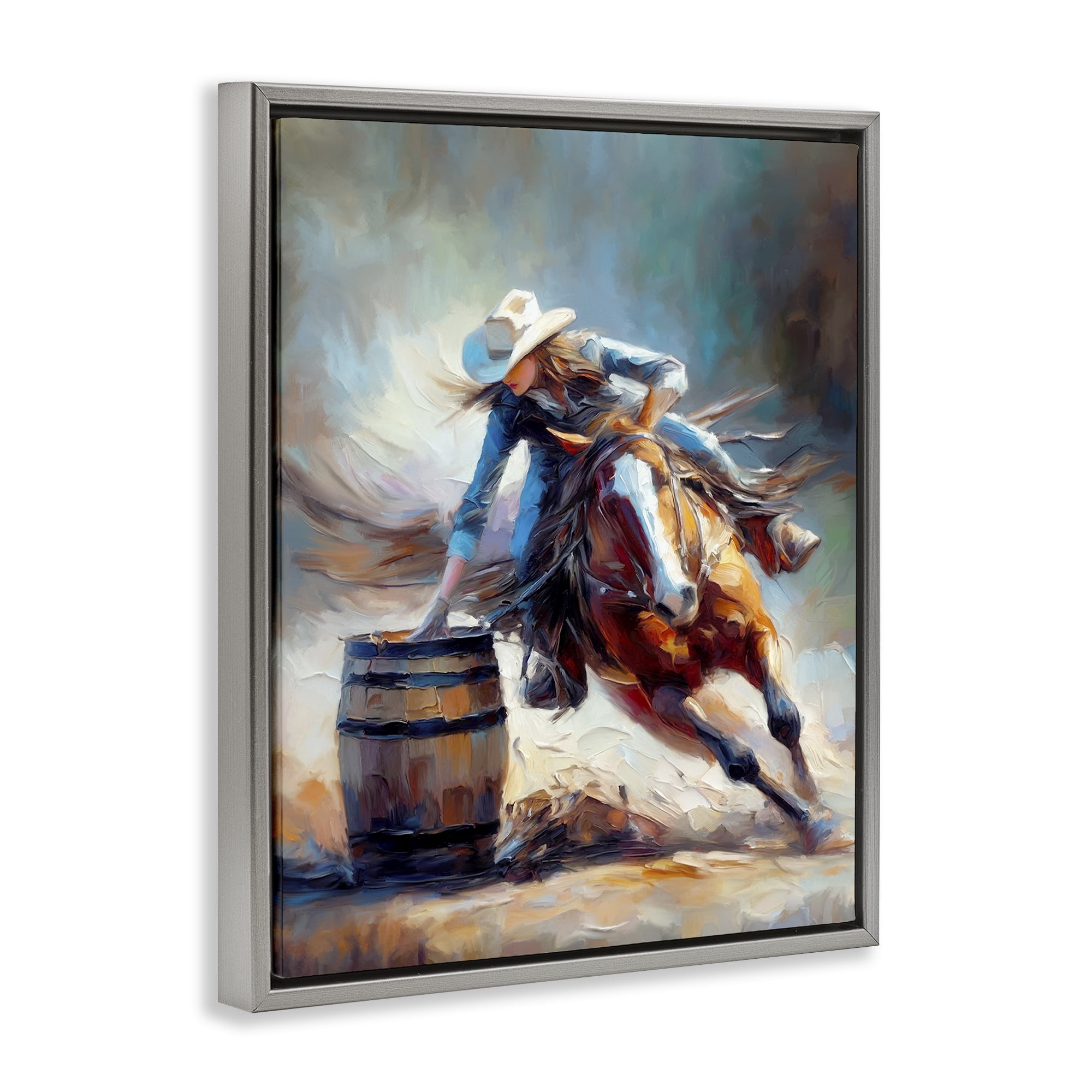 Stupell Industries Barrel Racer Cowgirl Novelty Painting Gray Floater Framed Canvas Art Print Wall Art, 25 x 31
