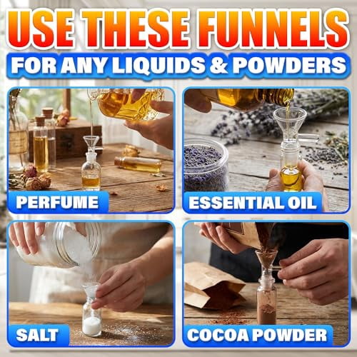 6-Pack Clear Glass Funnels with Handle for Easy Pouring, Thick Spill-Resistant Design for Kitchen, Lab, DIY Use with Liquids and Oils, Includes 2 Cleaning Brushes for Simple Maintenance