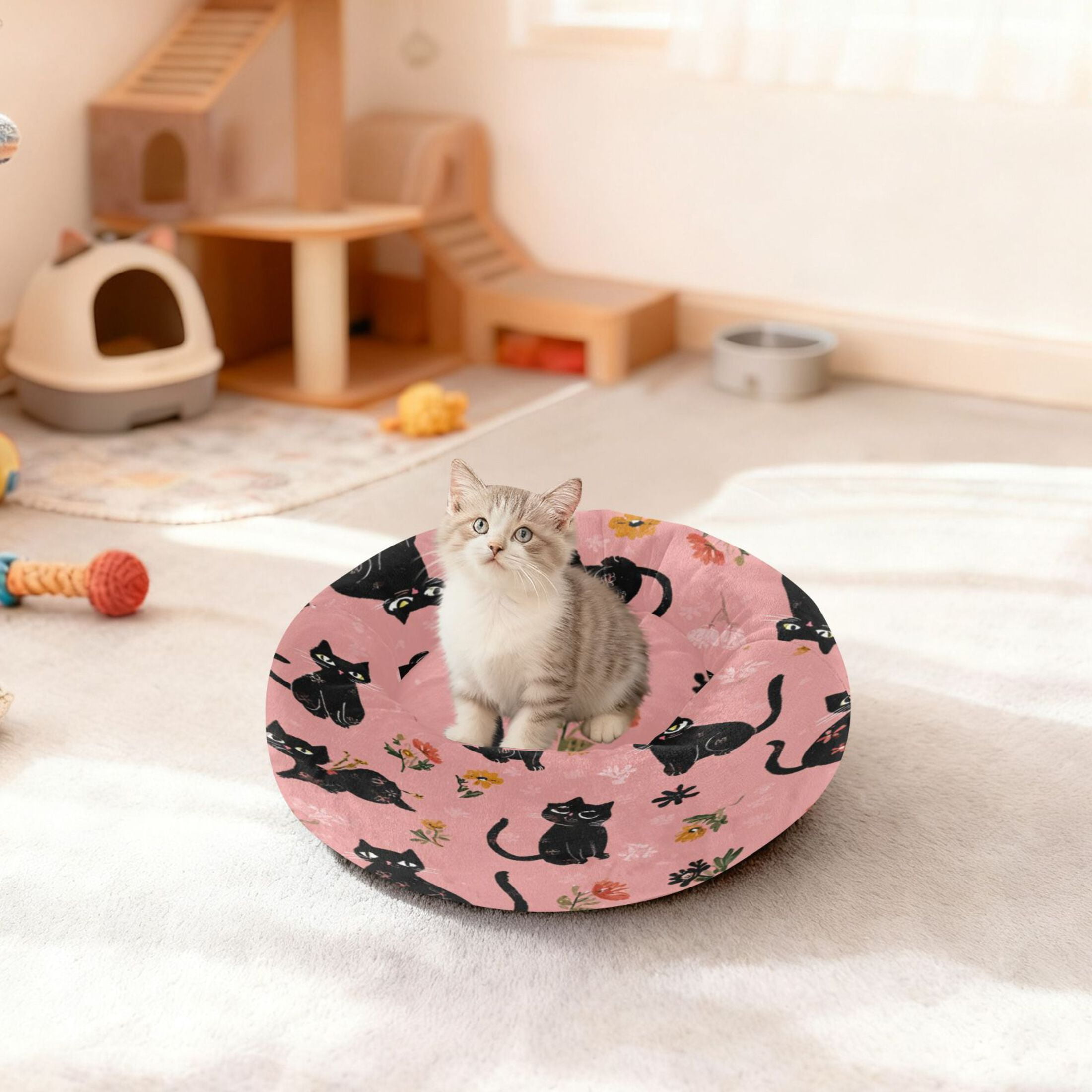 Iauyy Pet Couch Donut Cat Bed for Indoor Cats/Small Dogs Washable & Machine with Non-slip Bottom Calming Cat Furniture, Simple Sketch Of A Kitten (XS)