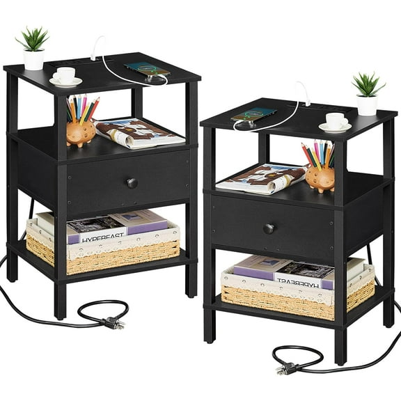 Nightstand Set of 2 with Charging Station and USB Ports, 3-Tier Storage End Table with Drawer Shelf, Night Stand for Small Spaces, Wood Bedside Table for Living Room, Bedroom - Classic Black