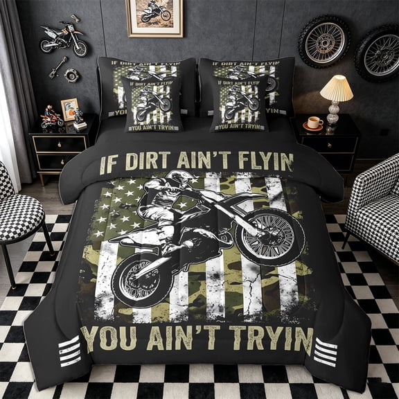 Meiyoeat Vintage Dirt Bike Pattern Twin Bedding 7-Piece for Men, American Flag Print Bedding Comforter Set, Camo Black Beige,Black Reversible