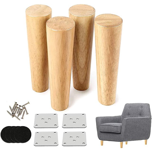 Juego de 4 patas de madera para muebles, patas de sofá de madera de 10 cm, 15 cm, 20 cm, patas de madera cónicas con alfombrilla antideslizante, tornillos y placa de montaje