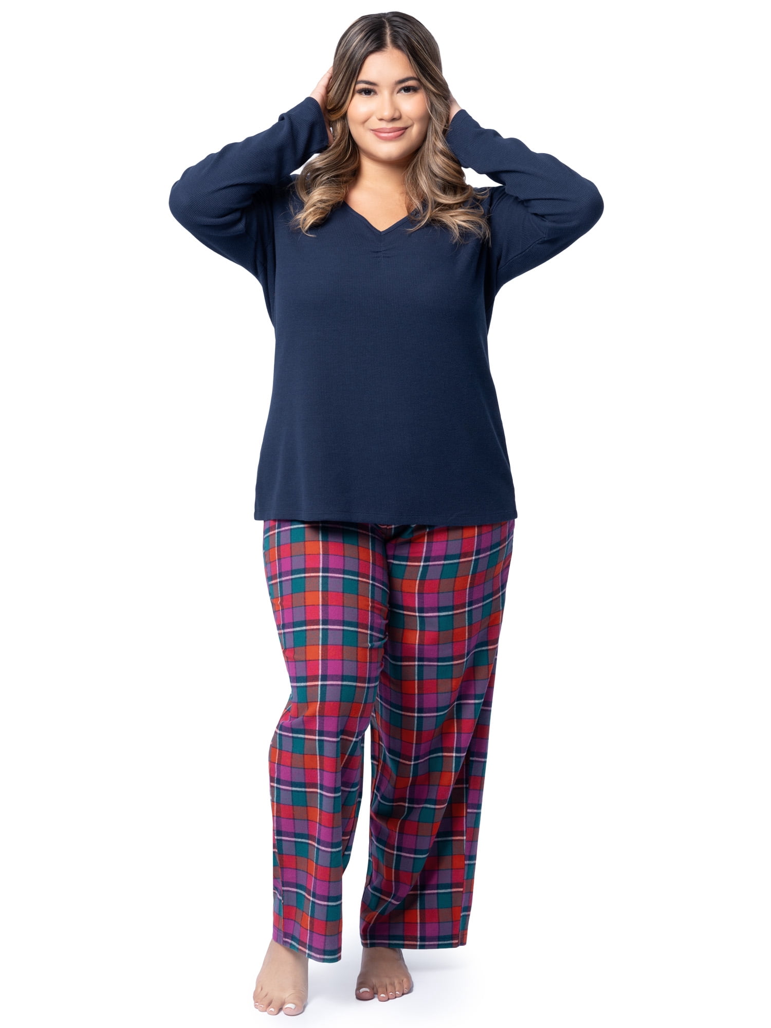 Fruit of the Loom Women's Beyond Soft Long Sleeve Waffle Top and Flannel Bottom Pajama Set, Sizes S-4X