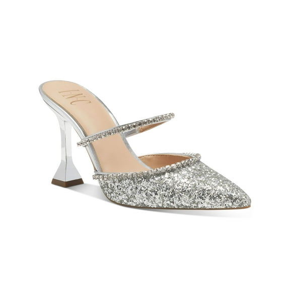 INC Womens Silver Glitter Embellished Trim Padded Slip Resistant Gylana Pointed Toe Sculpted Heel Slip On Dress Pumps Shoes 5.5 M