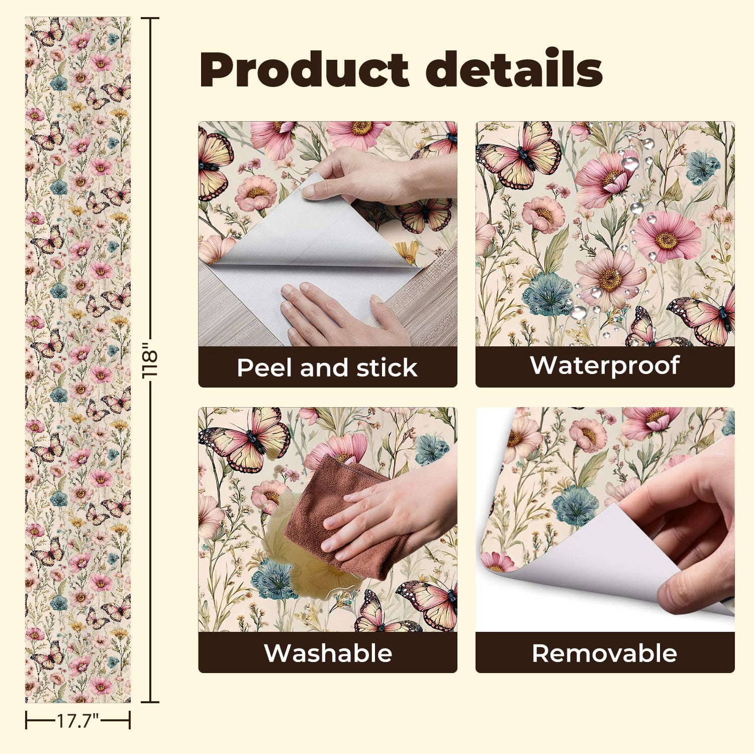 Peel and Stick Wallpaper Delicate Pink Blue Floral Butterflies Botanical Spring Wall Mural 17.7in x 9.8ft Self Adhesive Removable Wall Paper Renter Friendly Wallpaper for Nursery Bedroom Cabinets