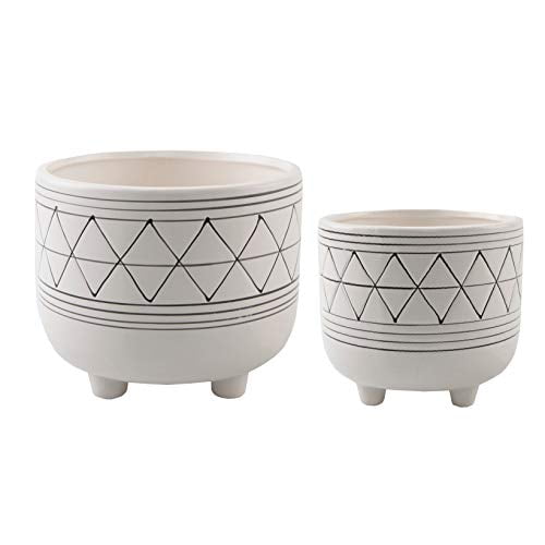 Flora Bunda Mid Century Set of 2 Handpainted Geometric Ceramic Planter 6 Inch W & 5 Inch W Ceramic Planter Pot with Sturdy Legs, White and Black Line Planter Pot