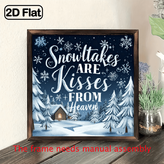 8x8 Inch Rustic Wooden Frame - 'Snowflakes are Kisses from Heaven' Winter Wall Art, Handcrafted Christmas Decor with Snowy Scene, Perfect for Bedroom or Entryway, Festive Home Decoration