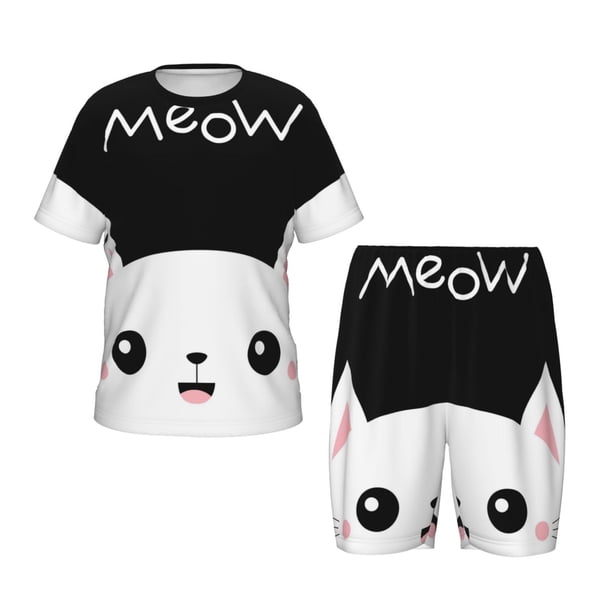 Balery Cat Meow Conjunto de Pijama Infantil de Manga Corta con Estampado – Ropa de Dormir de Algodón Suave-Large