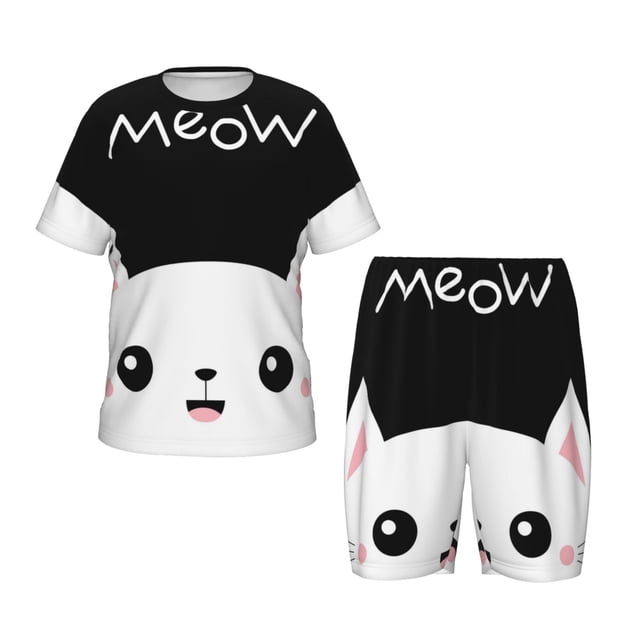 Balery Cat Meow Conjunto de Pijama Infantil de Manga Corta con Estampado – Ropa de Dormir de Algodón Suave-Large