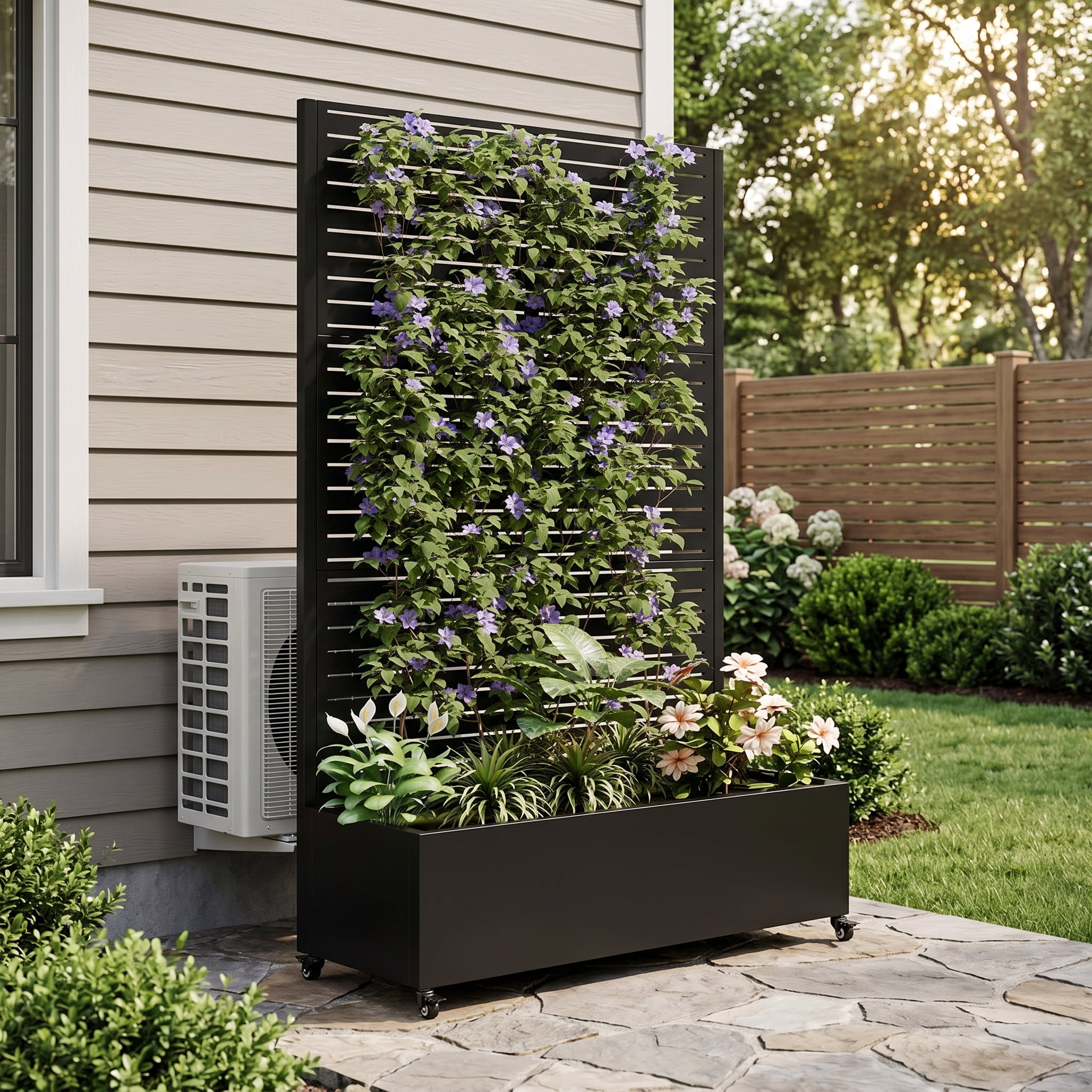 73"×35"×16" Galvanized Metal Raised Garden Bed with Trellis & Lockable Wheels, 12" Deep Planter Box with Drainage Holes & Privacy Screen for Climbing Plants Vegetables Vines Outdoor Patio Yard