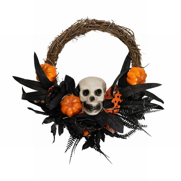 BinKFF Halloween Door Wreath, 15.7 Inch Black Halloween Wreaths for Front Door with Skeleton, Skulls and Pumpkin, Scary Halloween Decorations Indoor Outdoor for Porch Window