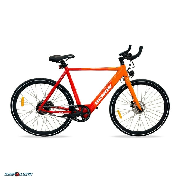 Demon Electric 6ix 250W 27.5 in City Electric Bike 50 60km Battery Range 10.5Ah BOLIDS Hydraulic Brakes Bull Horn 40 lbs Lightweight Stylish Design Orange Gradient Walmart
