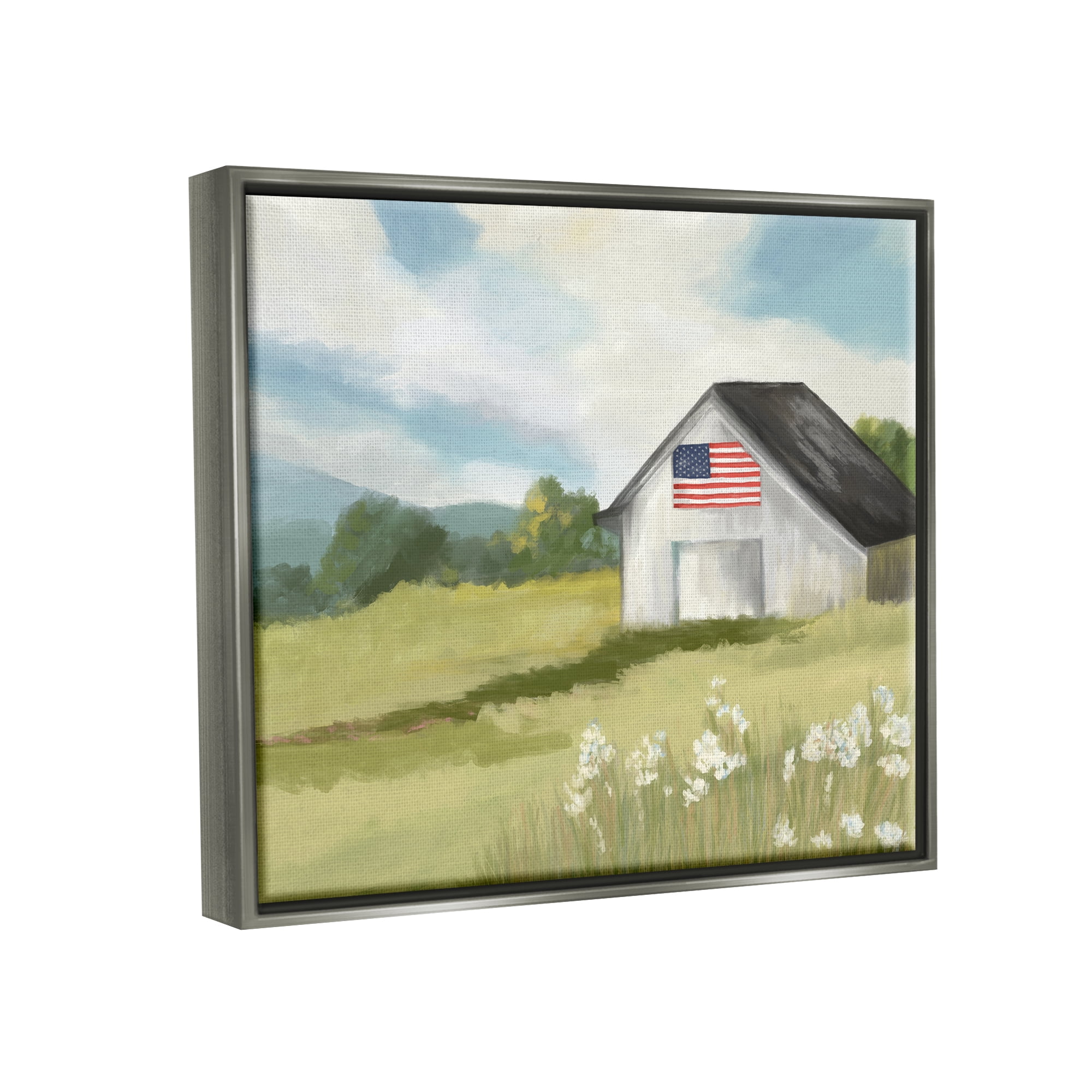 Stupell Industries American Flag on Barn Nature Painting Gray Floater Framed Art Print Wall Art, 31 x 25