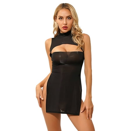 YiZYiF Womens Ultra Thin Cutout Chemise Lingerie Silky High Slit Nightgown Cheongsam Dress Black One Size