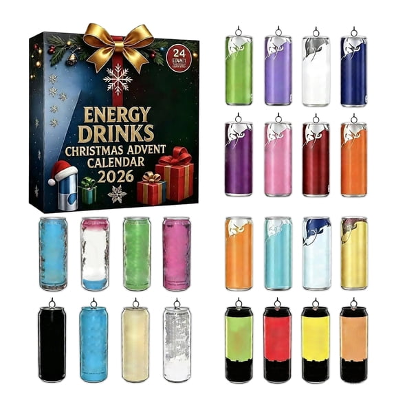 Energy Drinks Christmas Advent Calendar 2026, 24‑Day Christmas Countdown Calendar with 24 Pcs Acrylic Hanging Ornaments, Holiday Surprise Gifts for Drink & Pop‑Culture Lovers