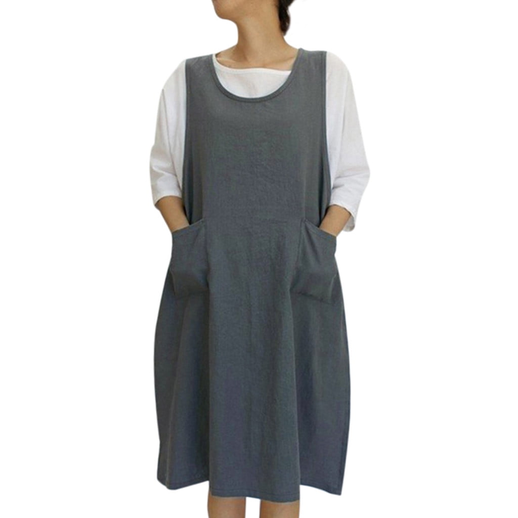 Women Straps Cotton Pinafore Bib Pocket Overall Dress Casual Tunic