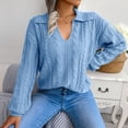 thumbnail image 2 of Suéter de punto para mujer, cuello de solapa, mangas largas de linterna, jersey de punto informal, Top para otoño, 2 of 6