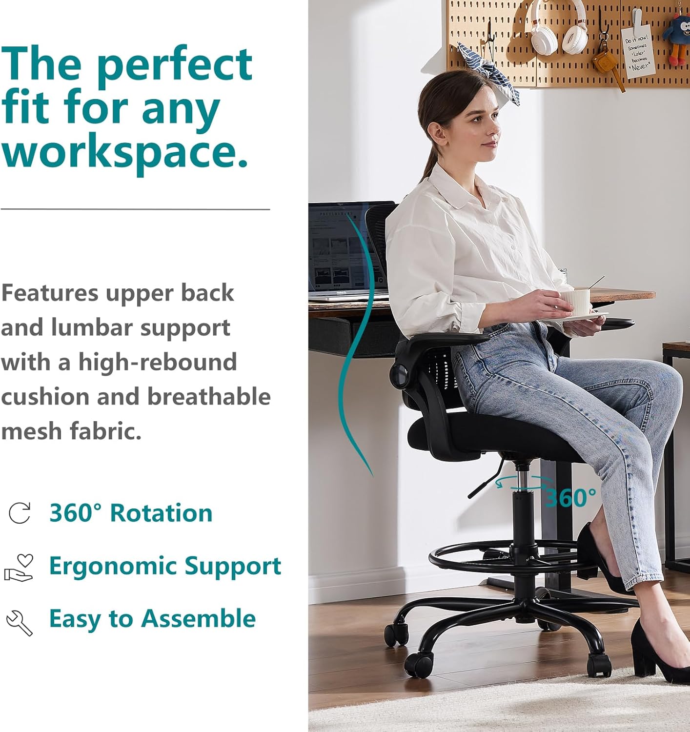 Howcool Drafting Chair Tall Office Chair with Adjustable Foot Ring, Height Adjustable Swivel Rolling Counter Height Chair for Standing Desk Home Office