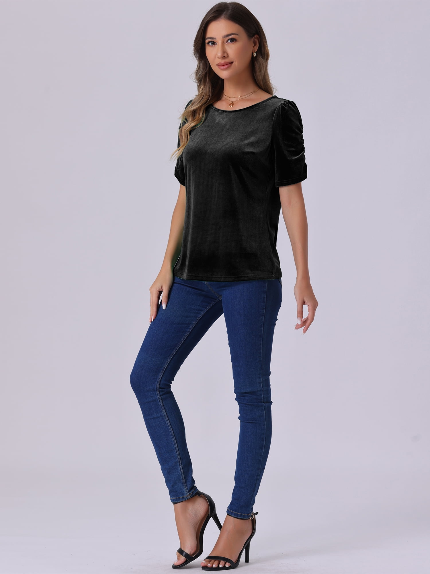 DARING DIVA Women's Round Neck Puff Short Sleeve Party Velvet Top M Black