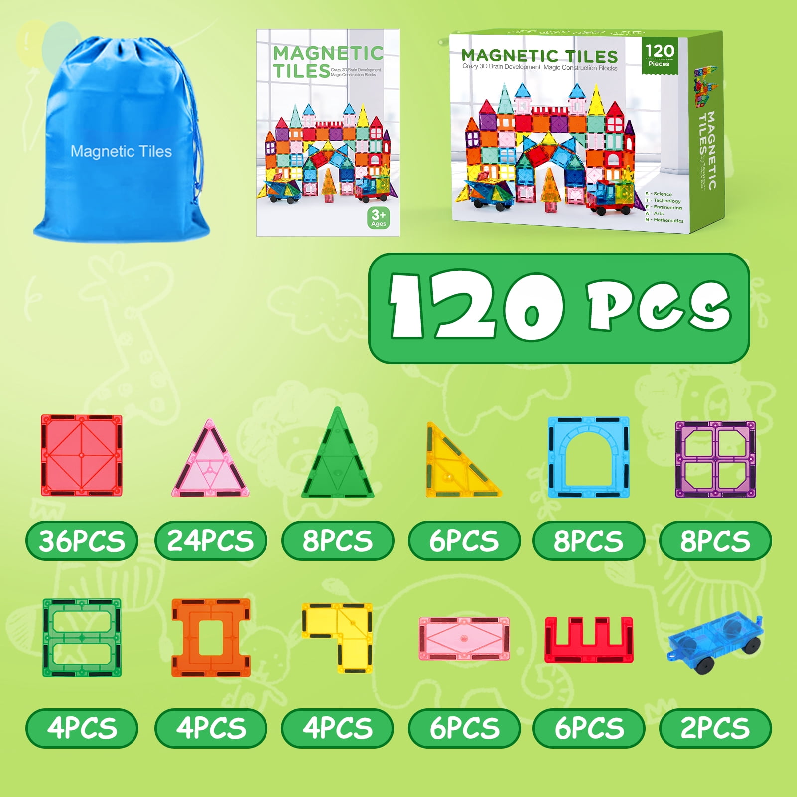 120pcs Magnetic Tiles for Kids,Educational Magnetic Building Blocks for Boys Girls, STEM Preschool Kindergarten Learning Toys