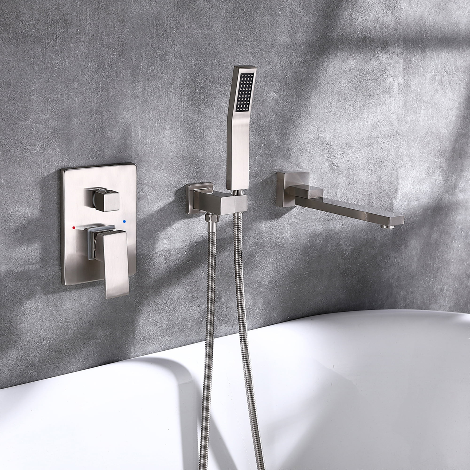 Dual Handle Wall Mounted Bathroom Tub Filler with Hand Shower, Brass Matte Black Waterfall Bathtub Faucet, Brushed Nickel