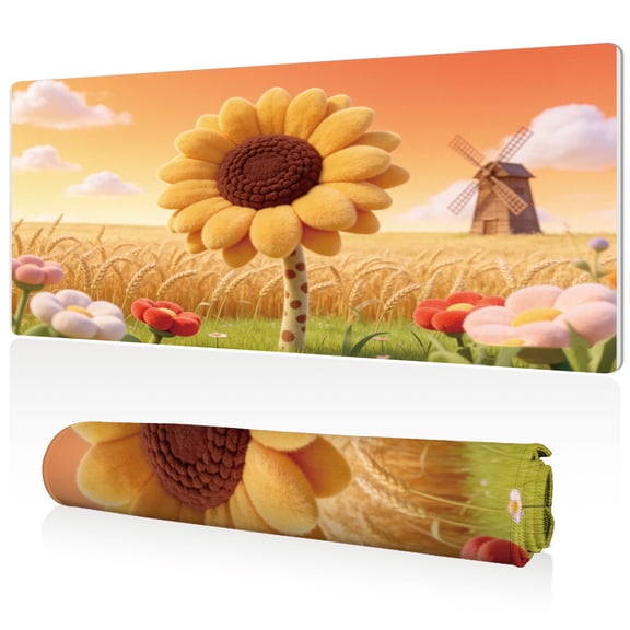 LIVEKEY Mouse Pad 80x40x0.3cm Giant Sunflower Plush in Wheat Field with Windmill Art Design Extra Large Full Desk Coverage Non Slip Durable Easy Clean Stitched Edges for Gaming Office