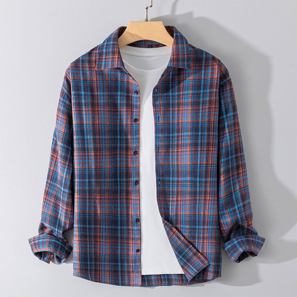 Blusa y camisa de manga larga con cuello vuelto, nueva camisa informal a cuadros para hombre, blusa holgada juvenil de manga larga con cuello vuelto, blusa de poliéster para hombre