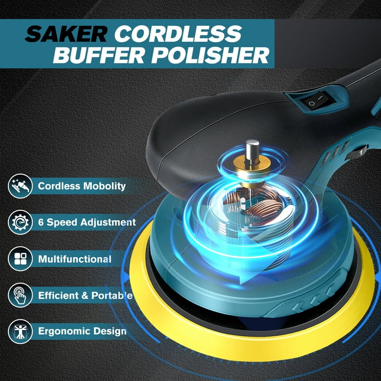 Saker Cordless Car Buffer Polisher - 6 Inch Portable Polishing Machine Kit  for Car Detailing, Extra 10 PCS Attachments(1PCS 12V 2000mAh Battery)