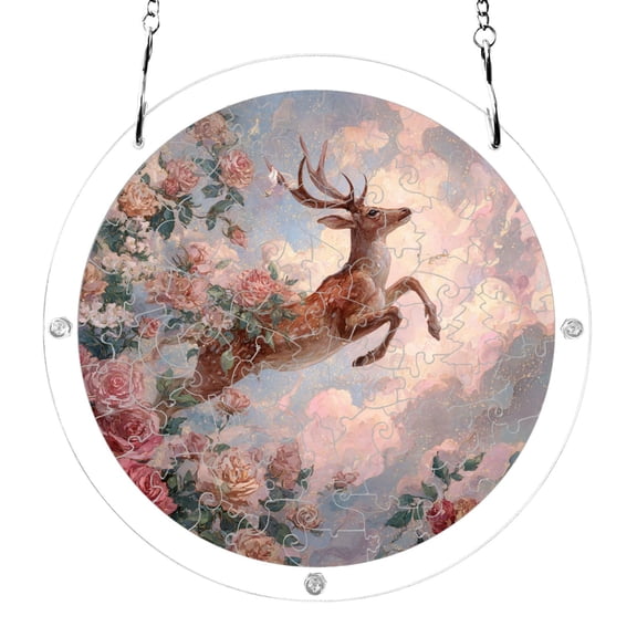 Deer Jumping Through Roses Acrylic Jigsaw Puzzles 83 Pieces Suncatcher for Window Hanging 7.5 Inch Holiday Home Decor