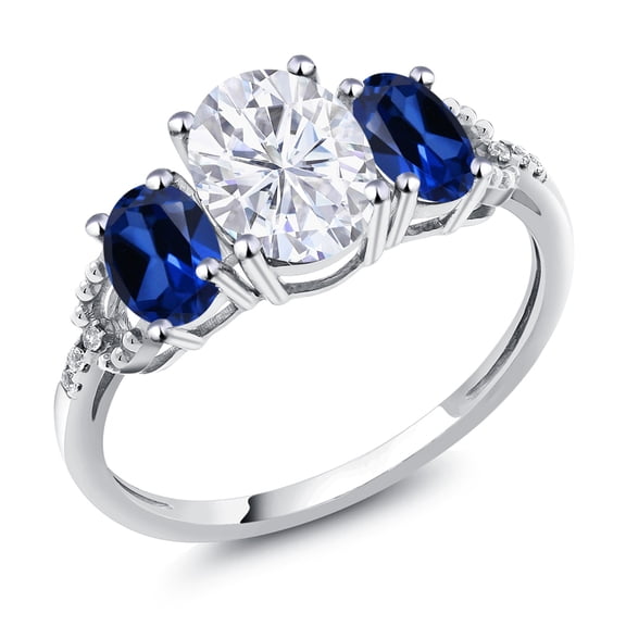 Gem Stone King 10K White Gold White Moissanite Created Sapphire and Diamond 3-Stone Ring | 2.74 Cttw | Three Stone Wedding Engagement Anniversary Ring for Women (Size 7)