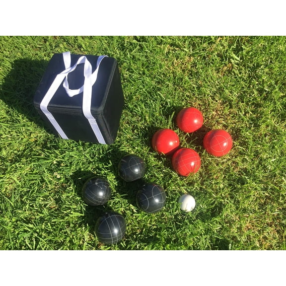 New Listing - (13 of 28) Unique Bocce Sets - 107mm with Black and Red Balls, Black Bag