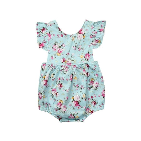

Spring hue Summer Rose Floral Printed Cotton Baby Girl Rompers ruffled Jumpsuit Playsuit
