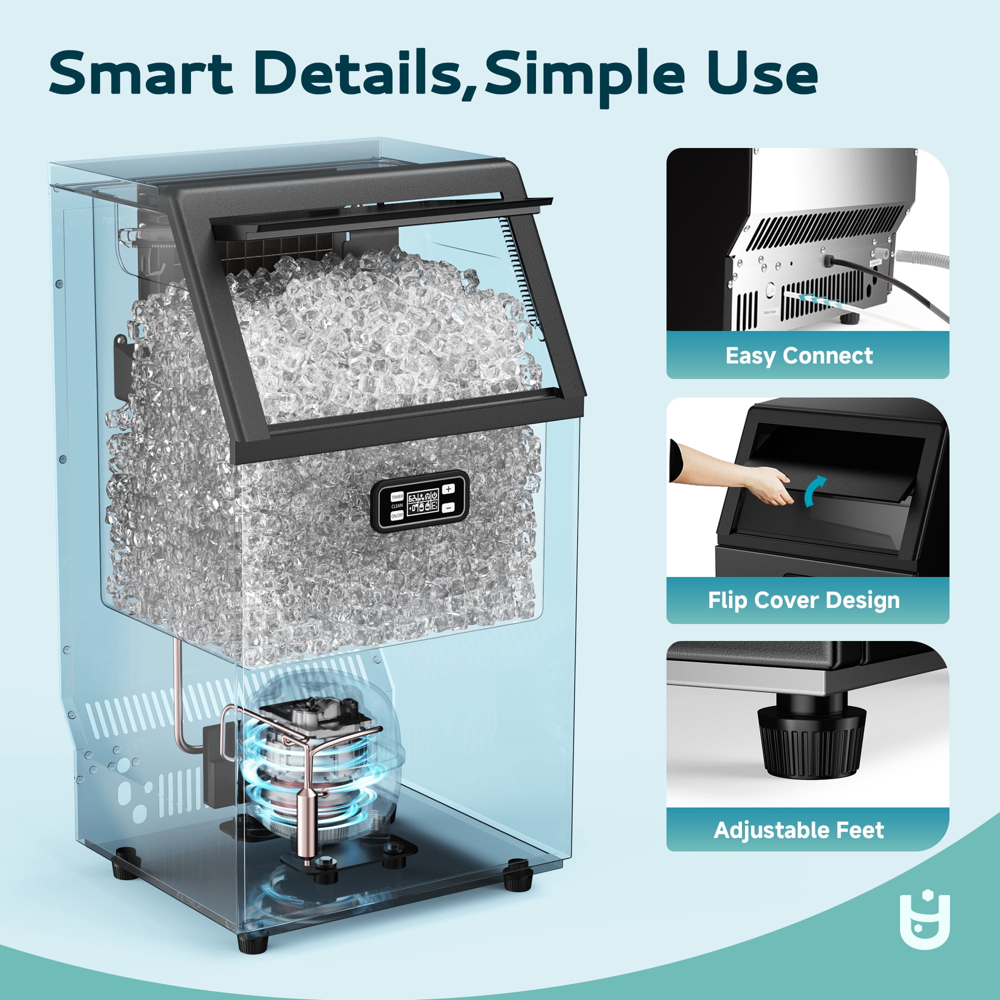 EUHOMY 150lbs Commercial Ice Maker, Cube Ice Machine with Auto Clean, Timer, Adjustable Size, Black