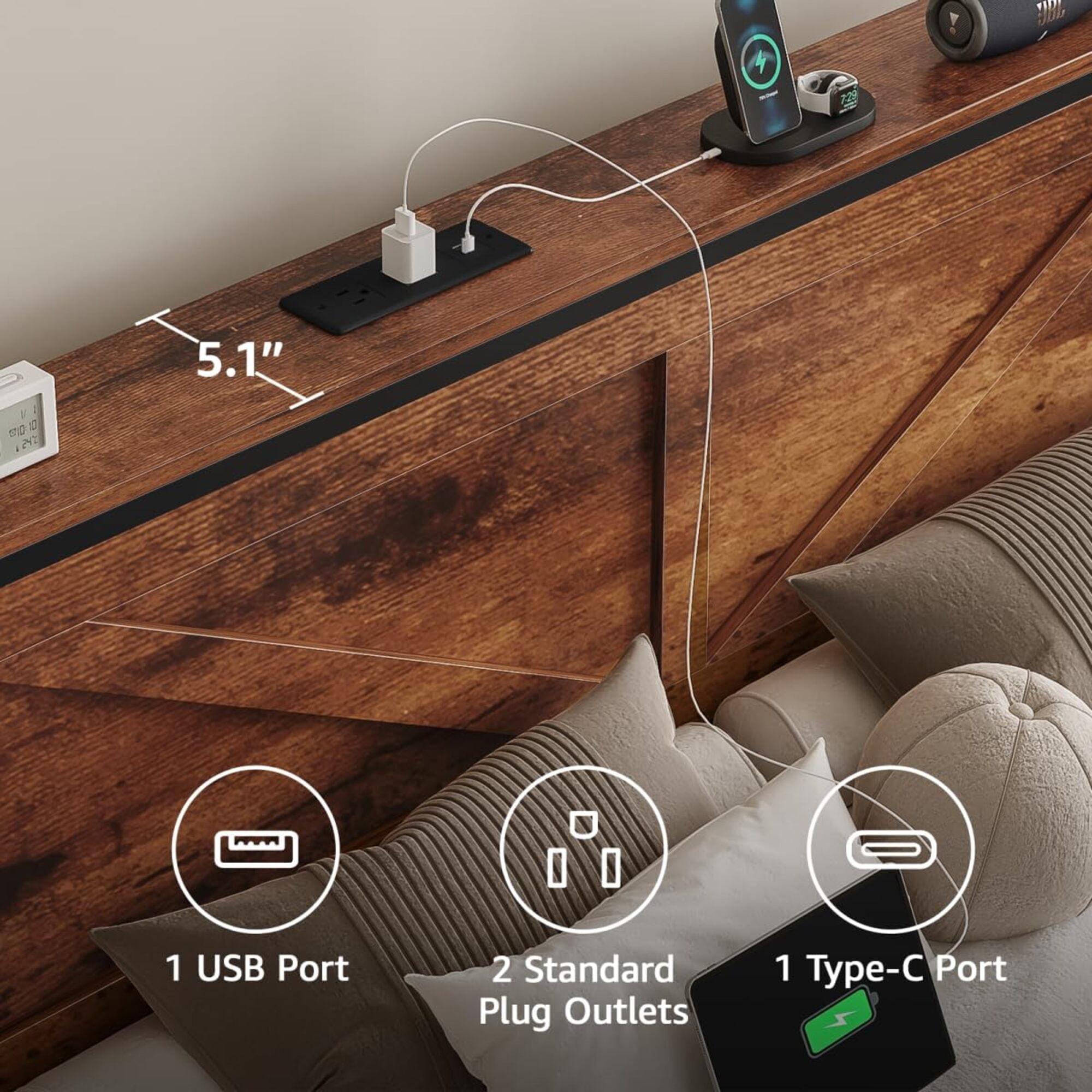 Queen Size Bed Frame with Storage Drawers & Barn Door Headboard, Industrial Farmhouse Platform Bed with LED Lights & Charging Station, No Box Spring Needed (Brown)