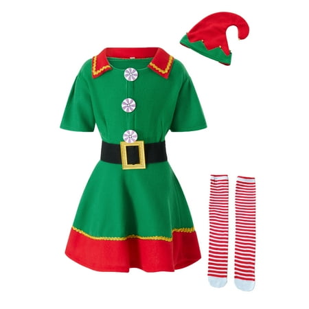 CenturyX Adult Kids Holiday Christmas Elf Costume Elf Outfit Green Sassy Elf Family Clothes Xmas Carnival Party Costume