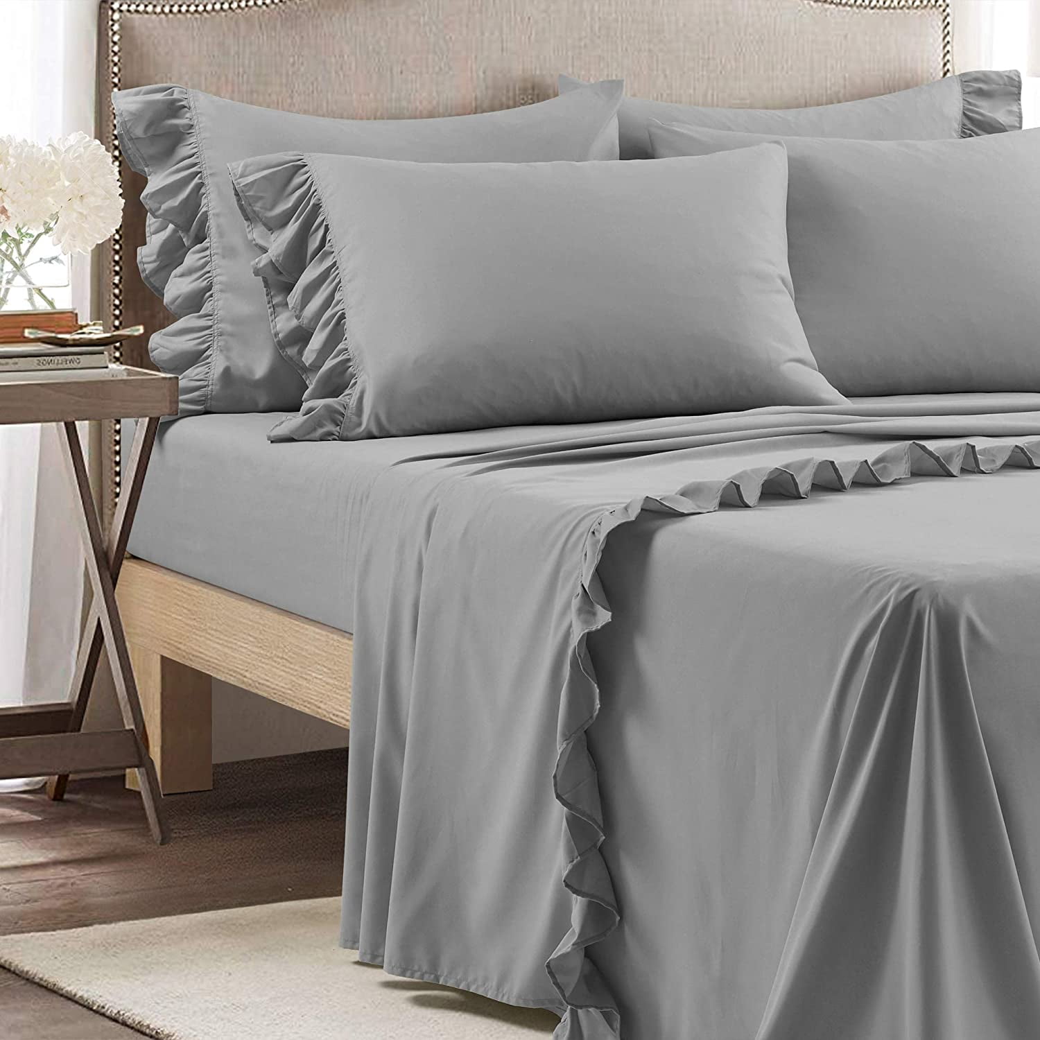 Ruffle Bed Sheet Set 6 Piece - 15 Inch Deep Pocket - 100% Pure Bamboo Bed Sheet Set - Anti Static Feels Like Silk - Super Comfy, Extra Soft and Luxury - Dark Gray Solid, King Size.