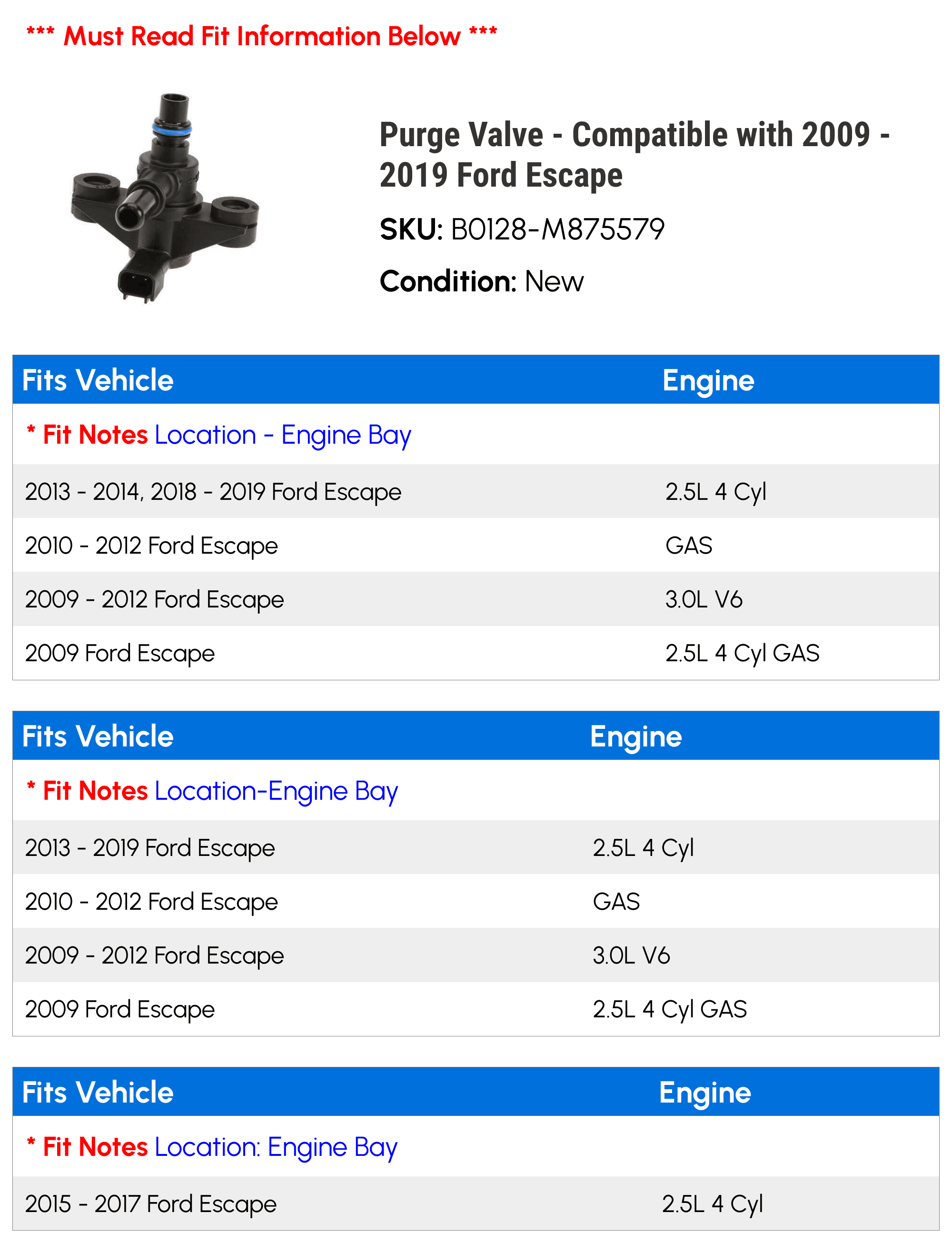 Purge Valve - Compatible with 2009 - 2019 Ford Escape 2010 2011 2012 2013 2014 2015 2016 2017 2018
