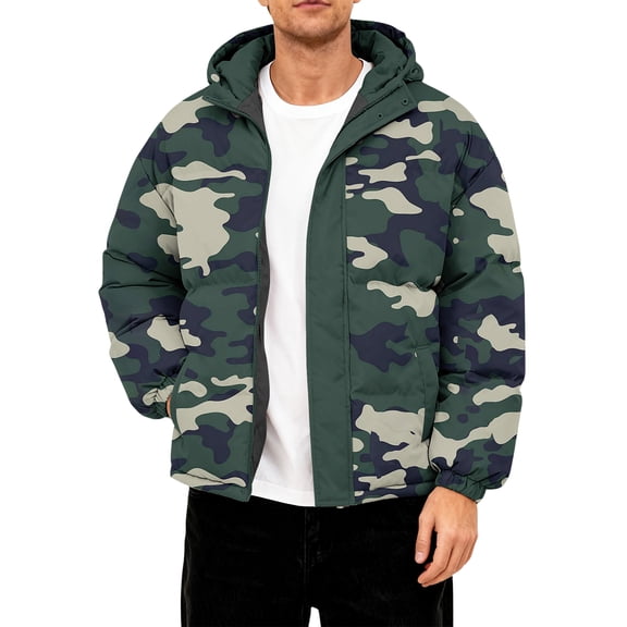 CharmCyan Men’s Hooded Puffer Jacket with Camouflage Print Full Zip Front Warm Quilted Outerwear with Elastic Cuffs Dark Green 5XL